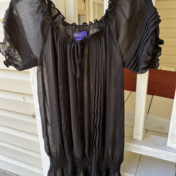 Miley Cyrus Max Azria Women Black Ruffle Boat Neck Surplice Sheer Blouse Size M - Picture 1 of 10